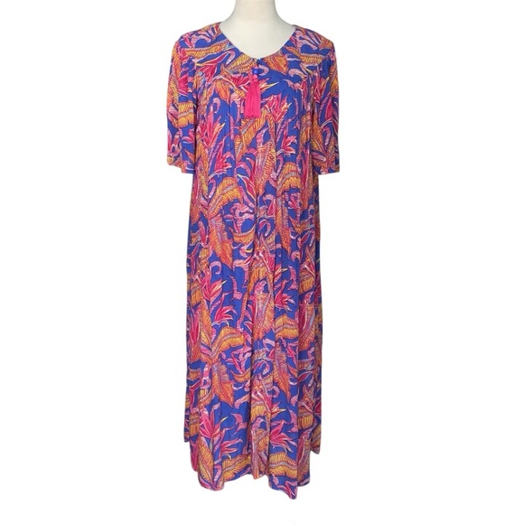 Go Softly Patio Crinkle Dress Floral Print V-Neck Short Sleeve Zip-Front Pink S - Picture 1 of 10